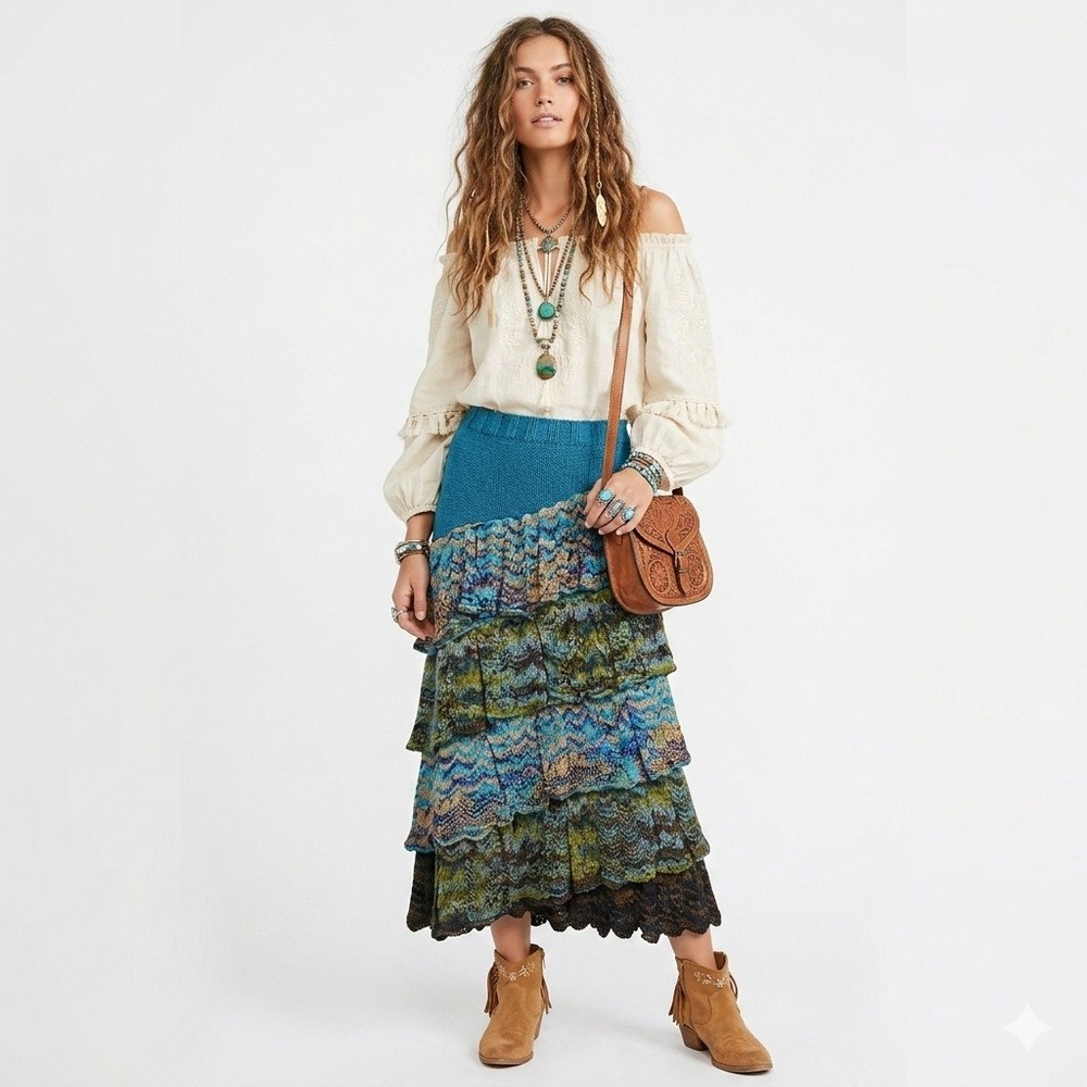 Handmade Knit Tiered Ruffle Midi Skirt Large Boho‎ Asymmetrical Whimsigoth Fairy